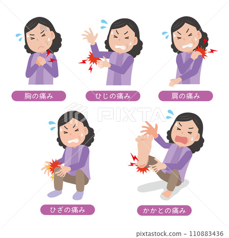 Illustration set of middle-aged women with various pains Illustration set of middle-aged women with various pains 110883436