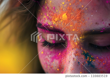 AI-generated content. Holi festival concept - closeup of female's face with colored powder 110883519