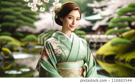 日本花園裡穿著和服的女人 110883544