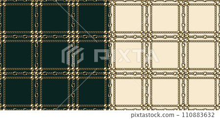 Seamless vintage square pattern with golden jewelry chains, beads. Geometric square classic grid with 3 three chains in a row. Vector illustration in vintage style Seamless vintage square pattern with golden jewelry chains, beads. Geometric square classic grid with 3 three chains in a row. Vector illustration in vintage style 110883632