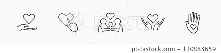Protection and donation icons. Hands with heart as symbol of care and support 110883659