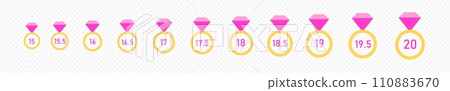 Sizes of precious rings set. Gold jewelry with red diamond 110883670