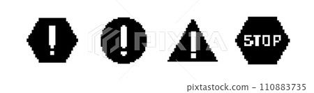 8 bit caution road sign icon. Pixel error retro banner. 8 bit caution road sign icon. Pixel error retro banner. 110883735