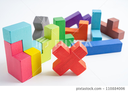 Logical thinking and problem solving creative business solution concept, wooden puzzle geometric shape block shape. 110884006