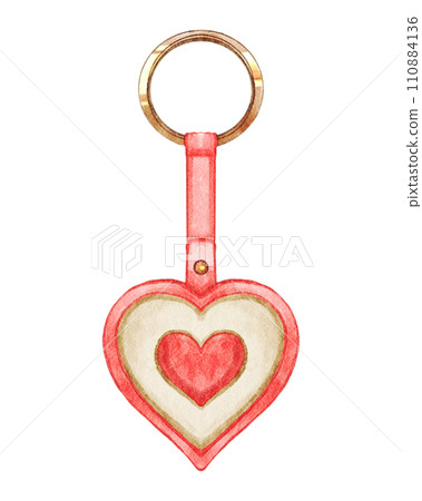 Heart shaped key ring . Valentines day object . Watercolor painting elements . Illustration . 110884136