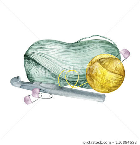 Watercolor hand drawn colorful yarn balls with knitting needles, pins and hook. Green and yellow skein of yarn, violet pins and metal hook for wool shop label,logo, packing design Watercolor hand drawn colorful yarn balls with knitting needles, pins and hook. Green and yellow skein of yarn, violet pins and metal hook for wool shop label,logo, packing design 110884658