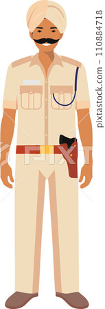 Standing Indian Policeman Officer in Turban and Traditional Uniform Character Icon in Flat Style. Vector Illustration. 110884718