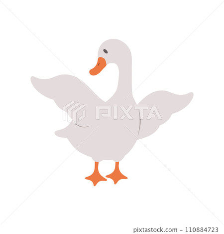 Cute goose. Hand drawn grey duck on farm. Domestic fowl. Vector illustration in flat cartoon style. Agriculture bird. Rural wildlife. Clipart for pattern, greeting card and childish design Cute goose. Hand drawn grey duck on farm. Domestic fowl. Vector illustration in flat cartoon style. Agriculture bird. Rural wildlife. Clipart for pattern, greeting card and childish design 110884723