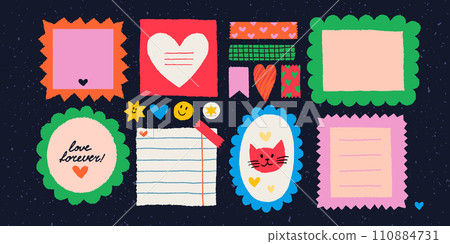 Paper valentine memo notes on stickers. Vector vintage sticky notes and pages with torn edges Paper valentine memo notes on stickers. Vector vintage sticky notes and pages with torn edges 110884731