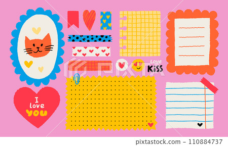 Paper valentine memo notes on stickers. Vector vintage sticky notes and pages with torn edges 110884737