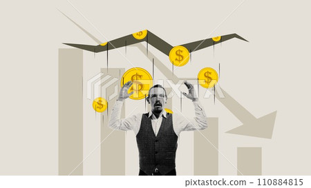 Man in panic with coins and downward arrows indicating stock market crash. Focusing on investment loss recovery. Conceptual design. Economy, crisis business concept Man in panic with coins and downward arrows indicating stock market crash. Focusing on investment loss recovery. Conceptual design. Economy, crisis business concept 110884815