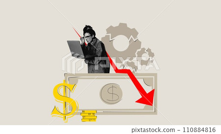 Marketing material for financial analysis software. Anxious person with laptop, downturn arrow on money background. Conceptual design. Economy, crisis business concept Marketing material for financial analysis software. Anxious person with laptop, downturn arrow on money background. Conceptual design. Economy, crisis business concept 110884816