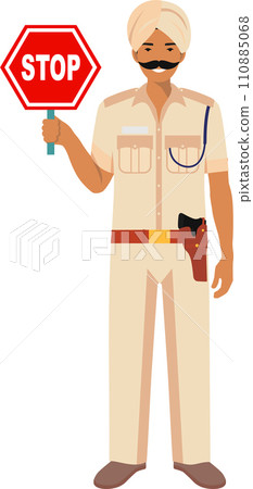 Standing Indian Policeman Officer with Warning Sign Stop in Turban and Traditional Uniform Character Icon in Flat Style. Vector Illustration. 110885068