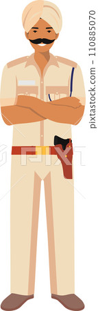 Standing Indian Policeman Officer in Turban and Traditional Uniform Character Icon in Flat Style. Vector Illustration. 110885070