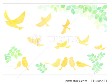 Illustration set of small birds and twigs yellow Illustration set of small birds and twigs yellow 110885411