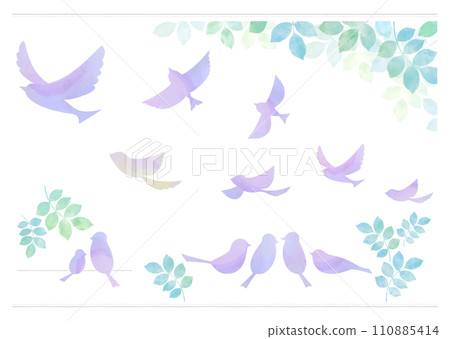 Illustration set of small birds and twigs purple Illustration set of small birds and twigs purple 110885414