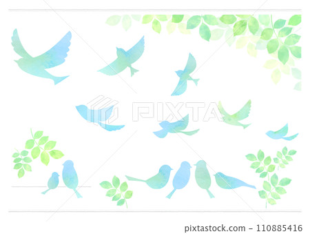 Illustration set of small birds and twigs Blue bird Illustration set of small birds and twigs Blue bird 110885416