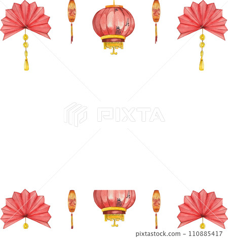 Square frame for Chinese New Year. Chinese lanterns are red, paper fans with gold hangings and fringe. All elements are hand painted with watercolors. Suitable for cards and invitations Square frame for Chinese New Year. Chinese lanterns are red, paper fans with gold hangings and fringe. All elements are hand painted with watercolors. Suitable for cards and invitations 110885417