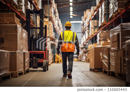 Warehouse Worker Operating Forklift Amidst Aisles with Packaged Goods 110885443