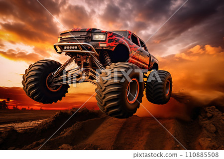 Monster Truck driving off-road outdoors 110885508