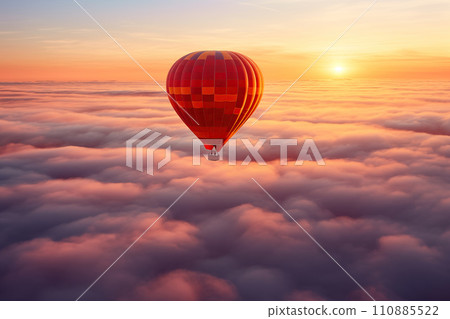 Colorful hot air balloon floats over a sea of clouds at sunset 110885522