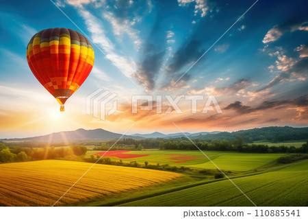 Colorful hot air balloon over blooming field meadow at sunset 110885541