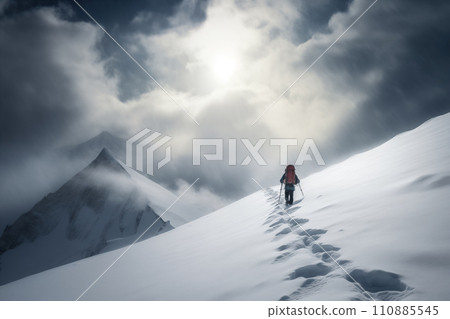 Lone Mountaineer Alpinist Approaching Snowy Peak 110885545