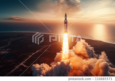 Aerial view of rocket launch at sunrise over ocean coast Aerial view of rocket launch at sunrise over ocean coast 110885571