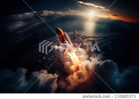 Aerial view of rocket launch at sunrise over ocean coast 110885573