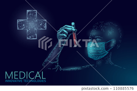 3D medical blood test analysis. Low poly woman nurse silhouette test tube with red blood cells. Medicine biochemical laboratory panel vector illustration 110885576