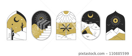 Boho logo with cactus, desert landscape, palm, moon and sun 110885599