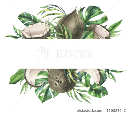 Coconuts whole, halves and pieces with bright, green, tropical palm leaves. Hand drawn watercolor illustration. Frame, template, blank isolated from the background. Coconuts whole, halves and pieces with bright, green, tropical palm leaves. Hand drawn watercolor illustration. Frame, template, blank isolated from the background. 110885642