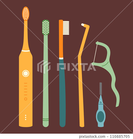 Electrical and manual toothbrush, interdental brush, single tuft toothbrush and dental floss. Flat vector isolated illustration 110885705