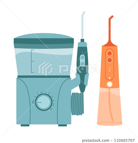 Cartoon dental water flosser. Oral irrigator. Flat vector illustration isolated on white background Cartoon dental water flosser. Oral irrigator. Flat vector illustration isolated on white background 110885707