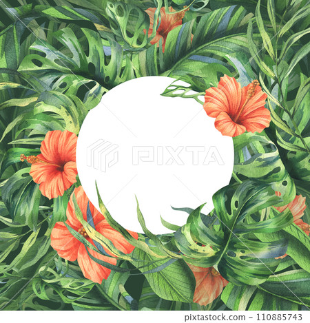 Tropical palm leaves, monstera and flowers of hibiscus, bright juicy. Hand drawn watercolor botanical illustration. template, frame isolated from the background. 110885743