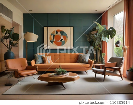 Interior of a modern mid-century style living room with brown sofa and armchairs Interior of a modern mid-century style living room with brown sofa and armchairs 110885914