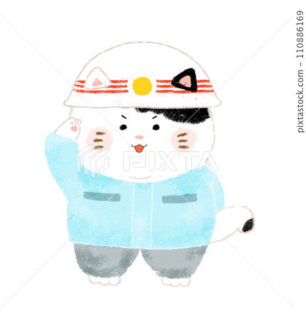 Illustration of a saluting emergency worker cat, crayon touch Illustration of a saluting emergency worker cat, crayon touch 110886169