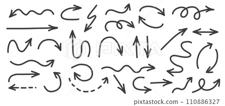 Collection hand drawn arrows. Set simple arrows isolated on white background. Arrow mark icons. 110886327
