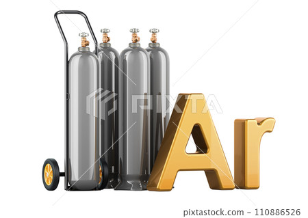 Set of argon Ar gas cylinders with hand truck, 3D rendering 110886526
