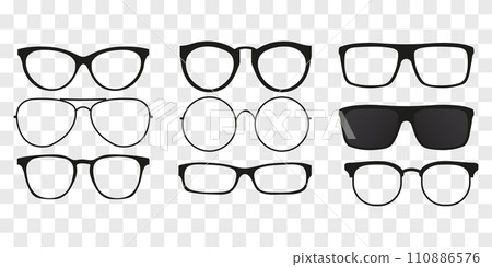 A set of glasses isolated. Vector glasses model icons. Sunglasses, glasses, isolated on white background. Silhouettes.  110886576