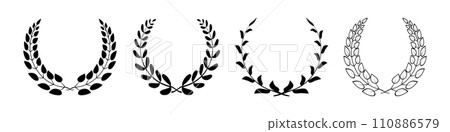 Set black silhouette circular laurel foliate, wheat and oak wreaths depicting an award, achievement, heraldry, nobility on white background. Set black silhouette circular laurel foliate, wheat and oak wreaths depicting an award, achievement, heraldry, nobility on white background. 110886579