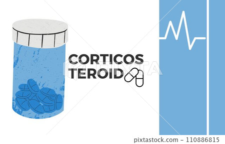 Corticosteroid and cortisone medications with an inhaler, prescription bottle, and packet of pills Corticosteroid and cortisone medications with an inhaler, prescription bottle, and packet of pills 110886815