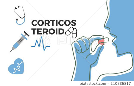 Corticosteroid and cortisone medications with an inhaler, prescription bottle, and packet of pills Corticosteroid and cortisone medications with an inhaler, prescription bottle, and packet of pills 110886817