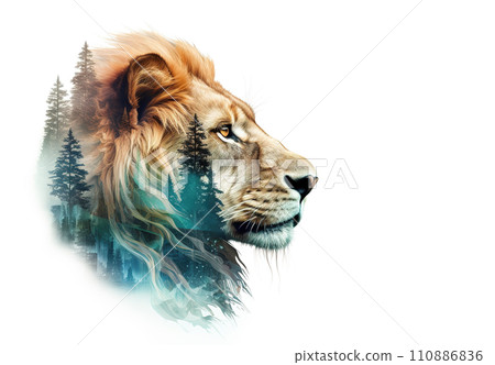 Isolated portrait of a majestic lion head and rich forest on a white background using the overlay picture technique. wild animals. Generative AI. 110886836