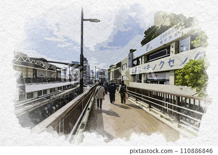 Watercolor style Ueno Koen-dori sidewalk Taito-ku, Tokyo 110886846