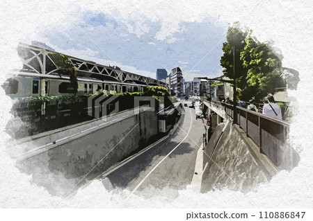 Watercolor style Ueno Koen-dori sidewalk Taito-ku, Tokyo 110886847