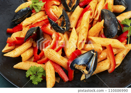 Pasta with mussels seafood. Pasta with mussels seafood. 110886990