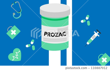 Prozac Medical pills in RX prescription drug bottle for mental health vector illustration Prozac Medical pills in RX prescription drug bottle for mental health vector illustration 110887012