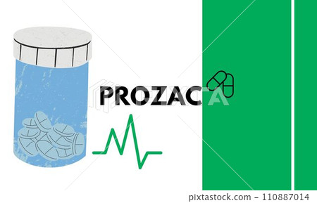Prozac Medical pills in RX prescription drug bottle for mental health vector illustration Prozac Medical pills in RX prescription drug bottle for mental health vector illustration 110887014