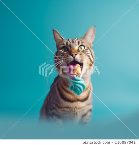AI-generated content. Cute funny cat licks ice cream on uniform background 110887041